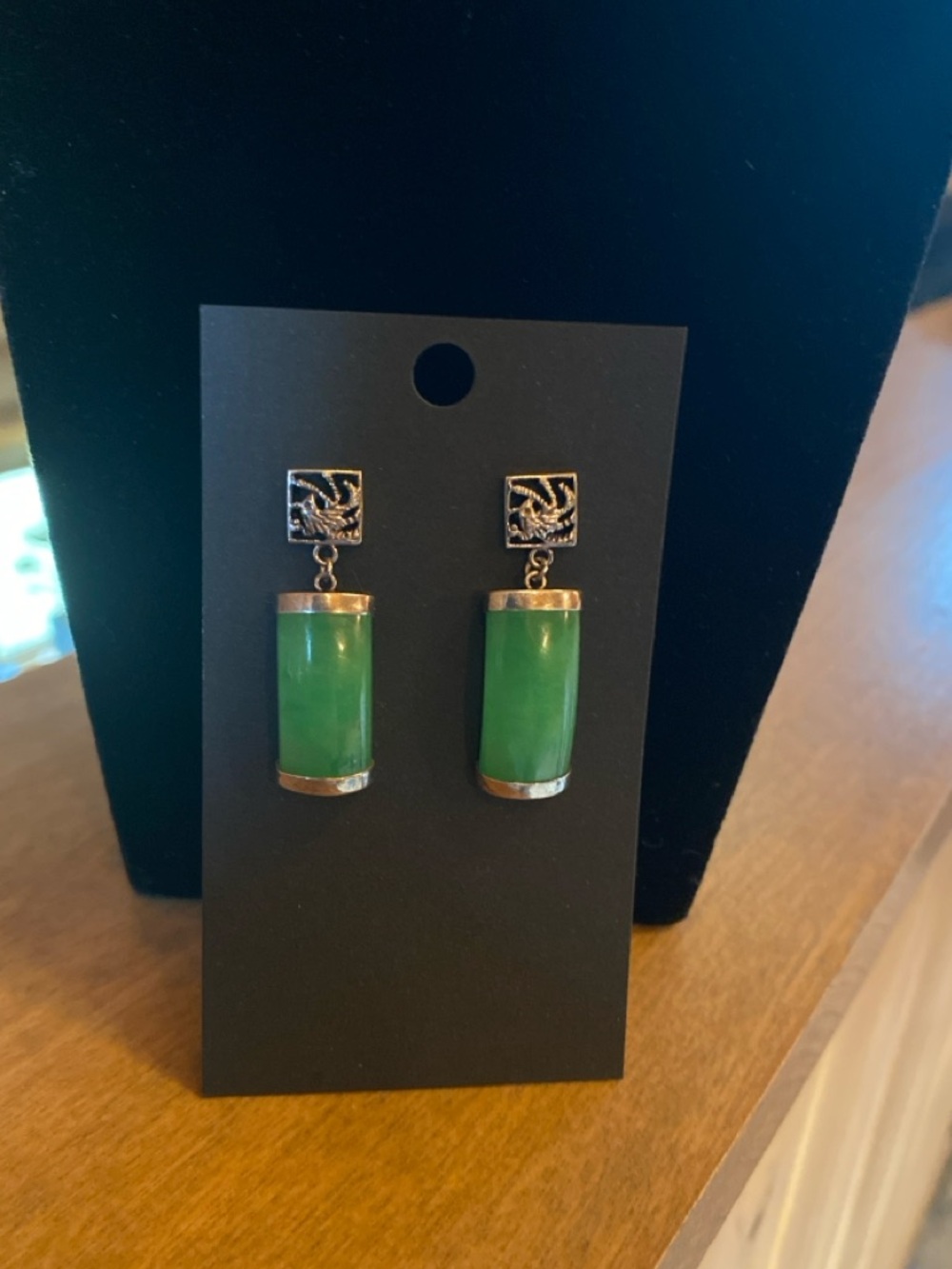 Jade Genuine Stone Drop Earrings - Sculpted Bird Sterling Silver Accent